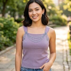 Bandolino Purple Beaded Tank Top Size XL Boho Y2K Sleeveless Blouse Shimmer